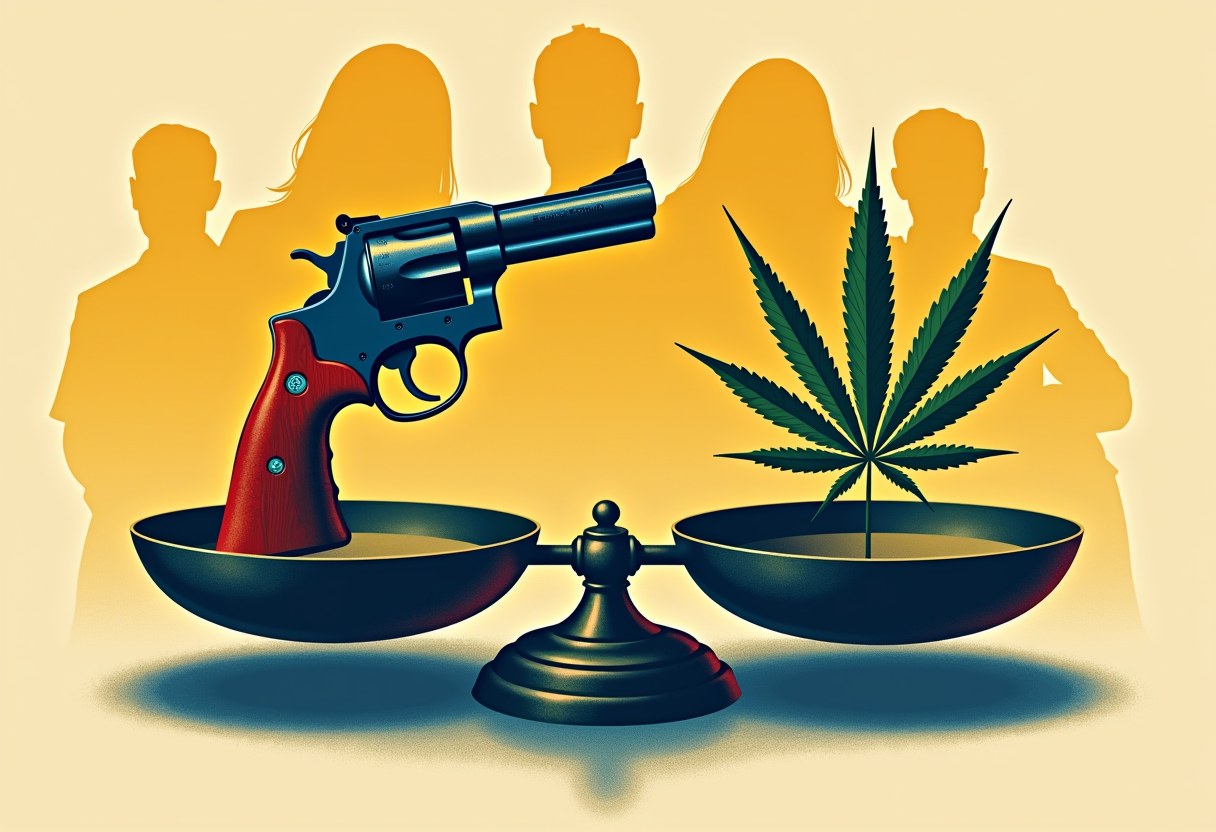 Editorial illustration of a revolver and a cannabis leaf on a courtroom scale behind four overlapping shadows