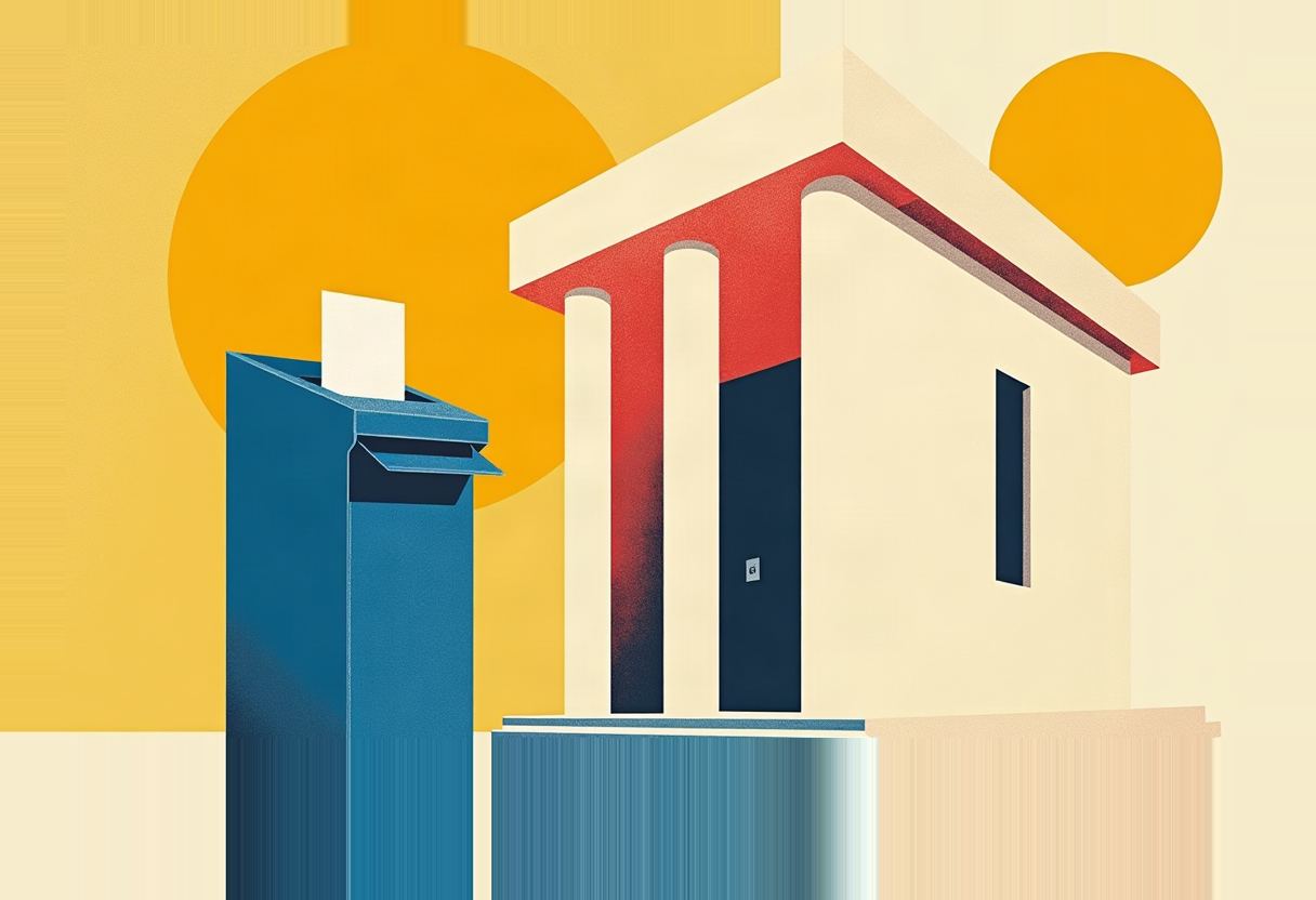 Illustration of a blue mailbox with an envelope sticking out beside a columned building with a red-striped facade, set against two overlapping yellow suns.