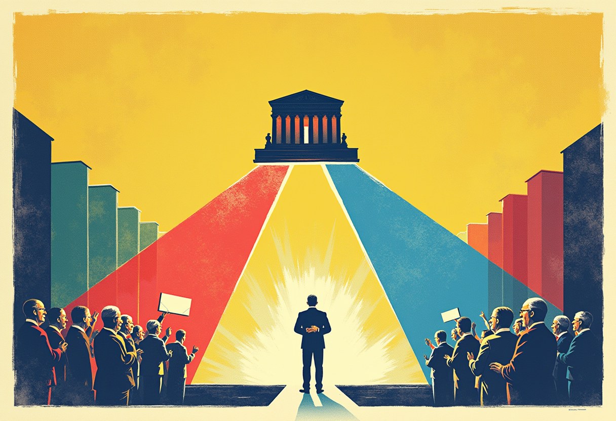 Editorial illustration of a mail ballot refracted through a Supreme-Court prism into two scenes: a jeered lone justice and a toppled presidential lectern