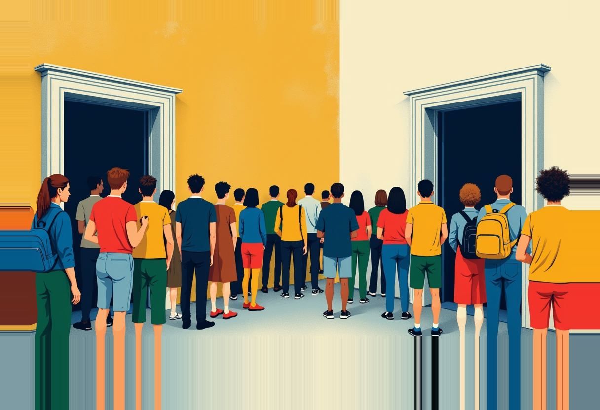 A crowd of people with backpacks, seen from behind, stands between two open doorways set in a wall split orange on the left and cream on the right.