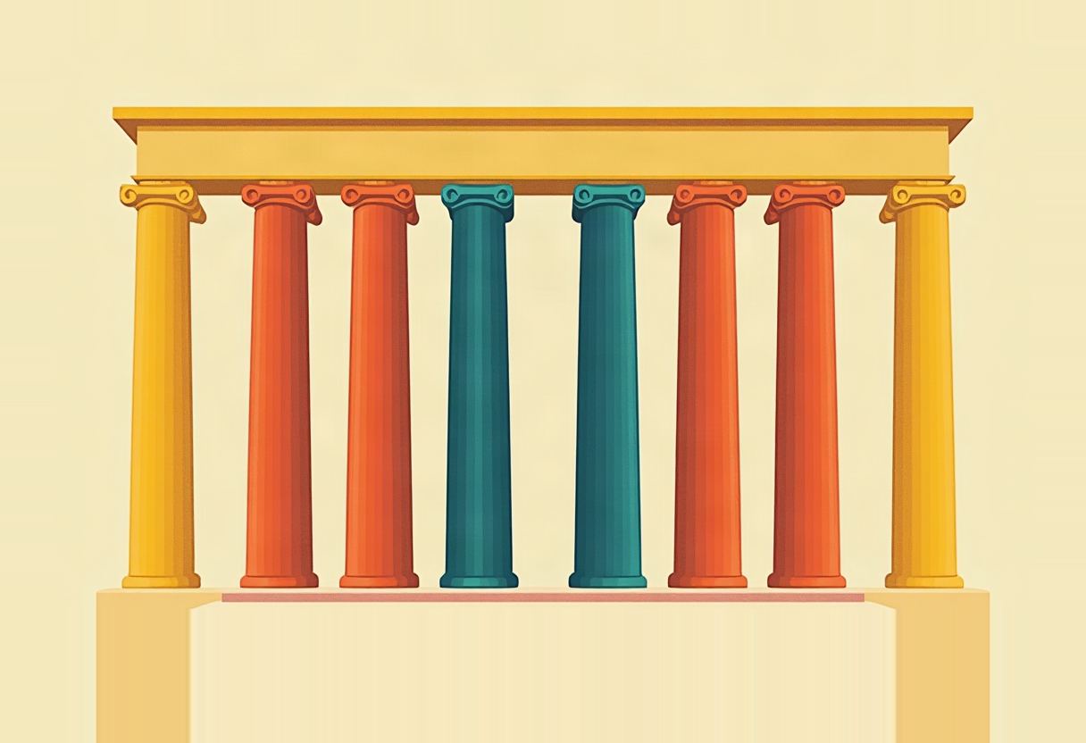 Eight Ionic columns in a row beneath a flat horizontal entablature on a pale cream background: two yellow columns on the outer edges, two teal columns in the center, and four orange-red columns between them, all on a tan platform.