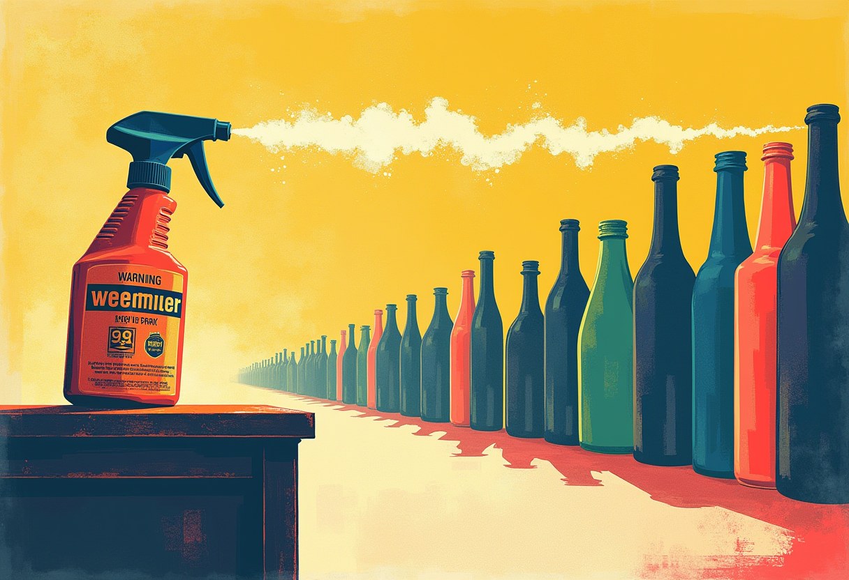 Editorial illustration of a weedkiller bottle on a witness stand with its warning label peeling off while a jury-box gate is welded shut