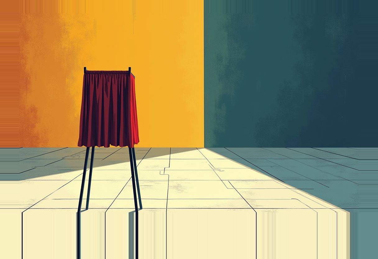 A red curtained voting booth on thin black legs stands on a circuit-board-patterned floor, with the wall behind split orange on the left and dark teal on the right.