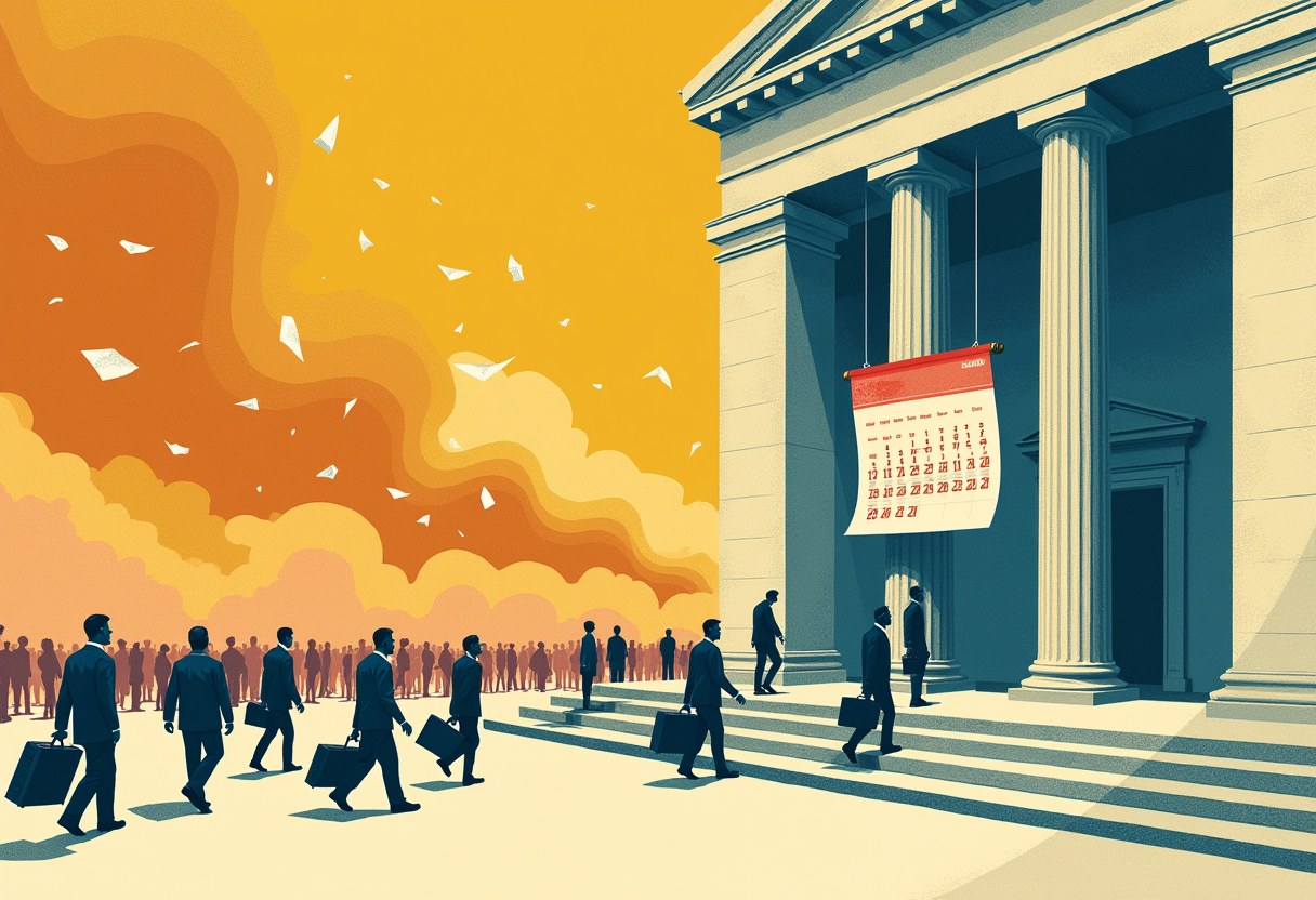 Editorial illustration of a courthouse door closing on suitcase-carrying figures beneath a calendar shedding its pages like ash