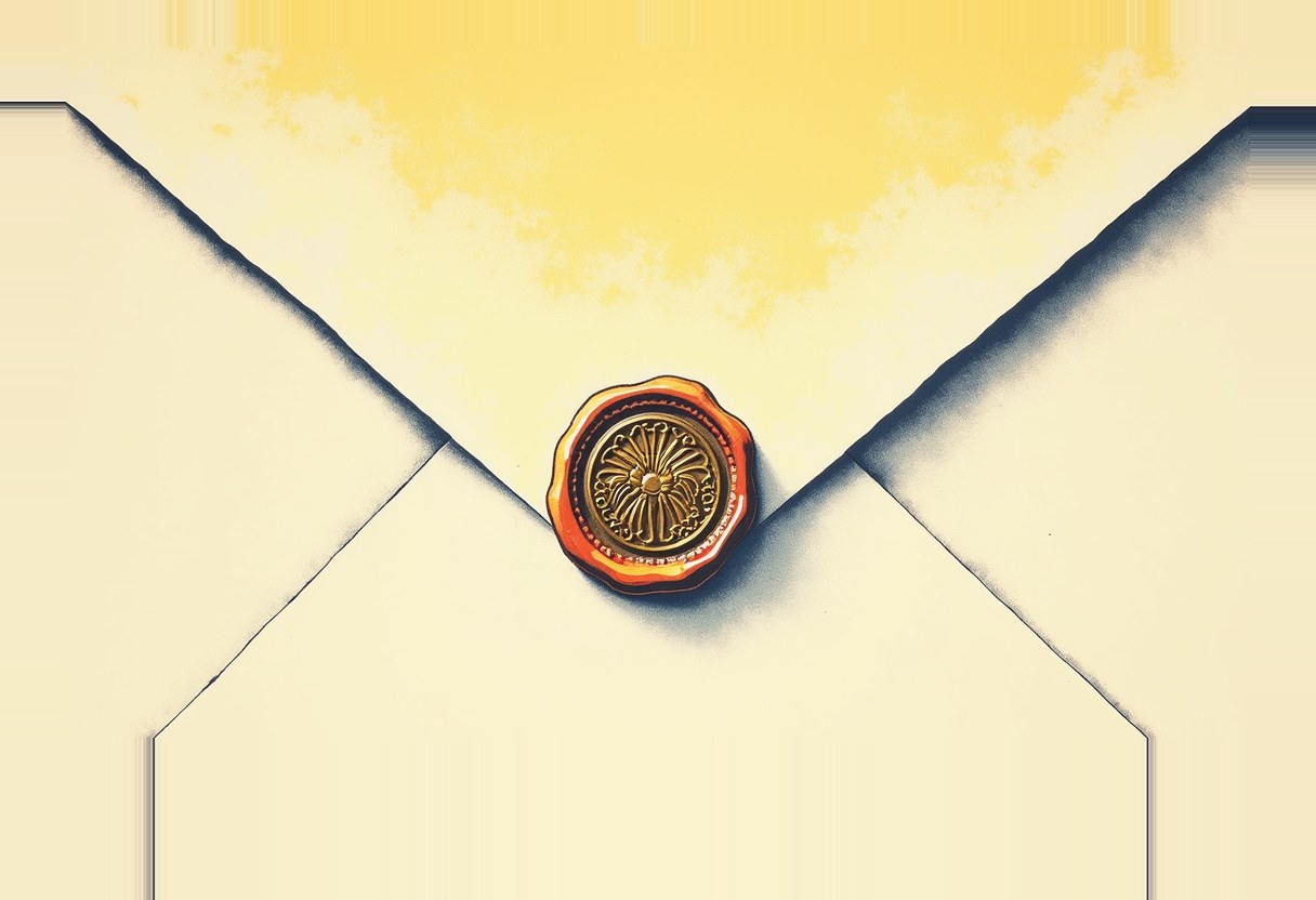 Close-up of a cream envelope's V-shaped flap sealed with a round orange and gold wax seal bearing an ornate floral emblem, against a yellow sky-like background.