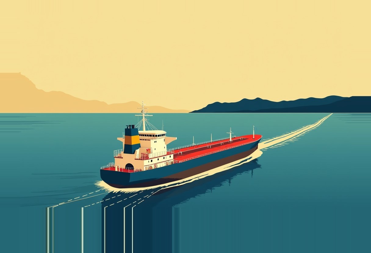 A dark blue tanker ship with a red deck and white bridge tower cuts across teal water, trailing a white wake, with mountain silhouettes on the horizon under a pale yellow sky.