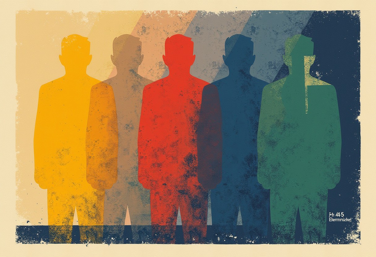 Three translucent overlapping human outlines in horizontal progression, each fractionally different, the middle one with a crack where the shape was revised