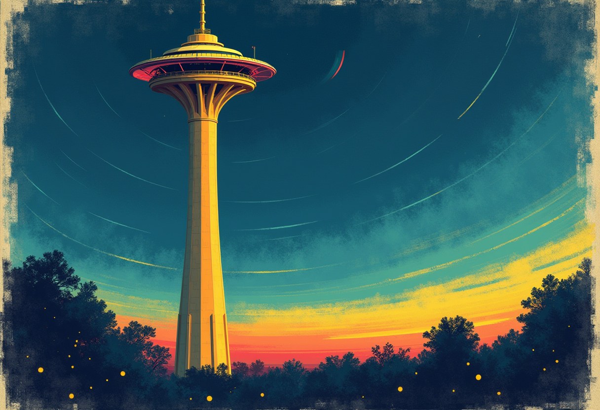 Abstract Space Needle silhouette dissolving into static interference at dusk, with faint rainbow bands and scattered festival lights at base