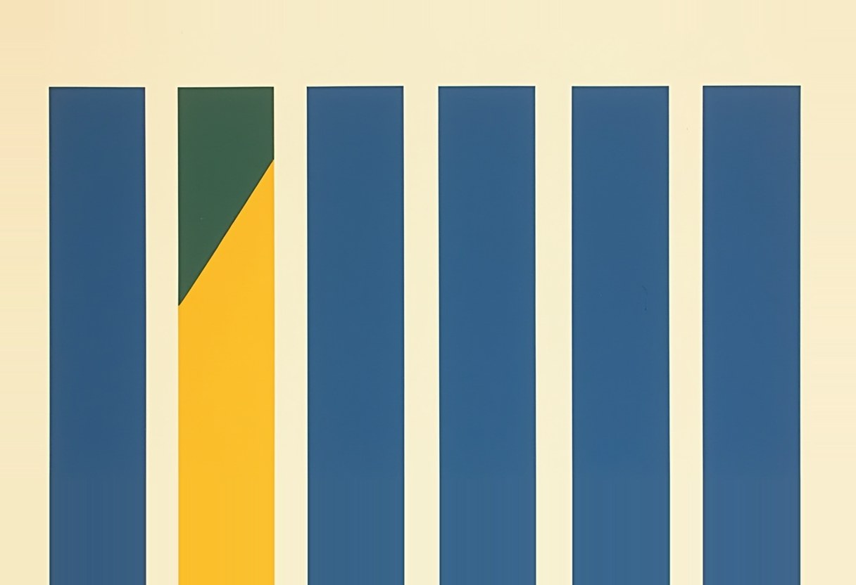 Six tall vertical bars on a cream background: five solid blue, one split diagonally into dark green (top) and yellow (bottom).