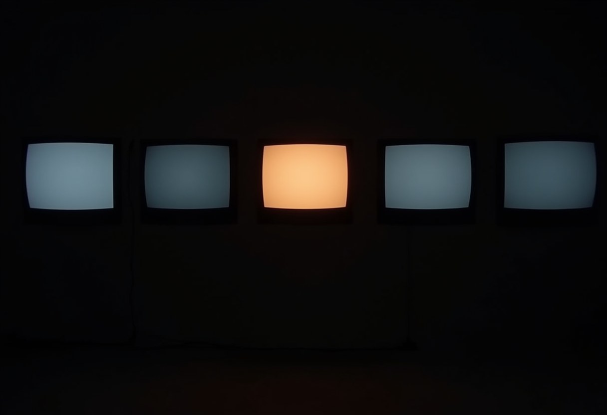 Five dark CRT screens in a row, four glowing pale blue and one glowing amber
