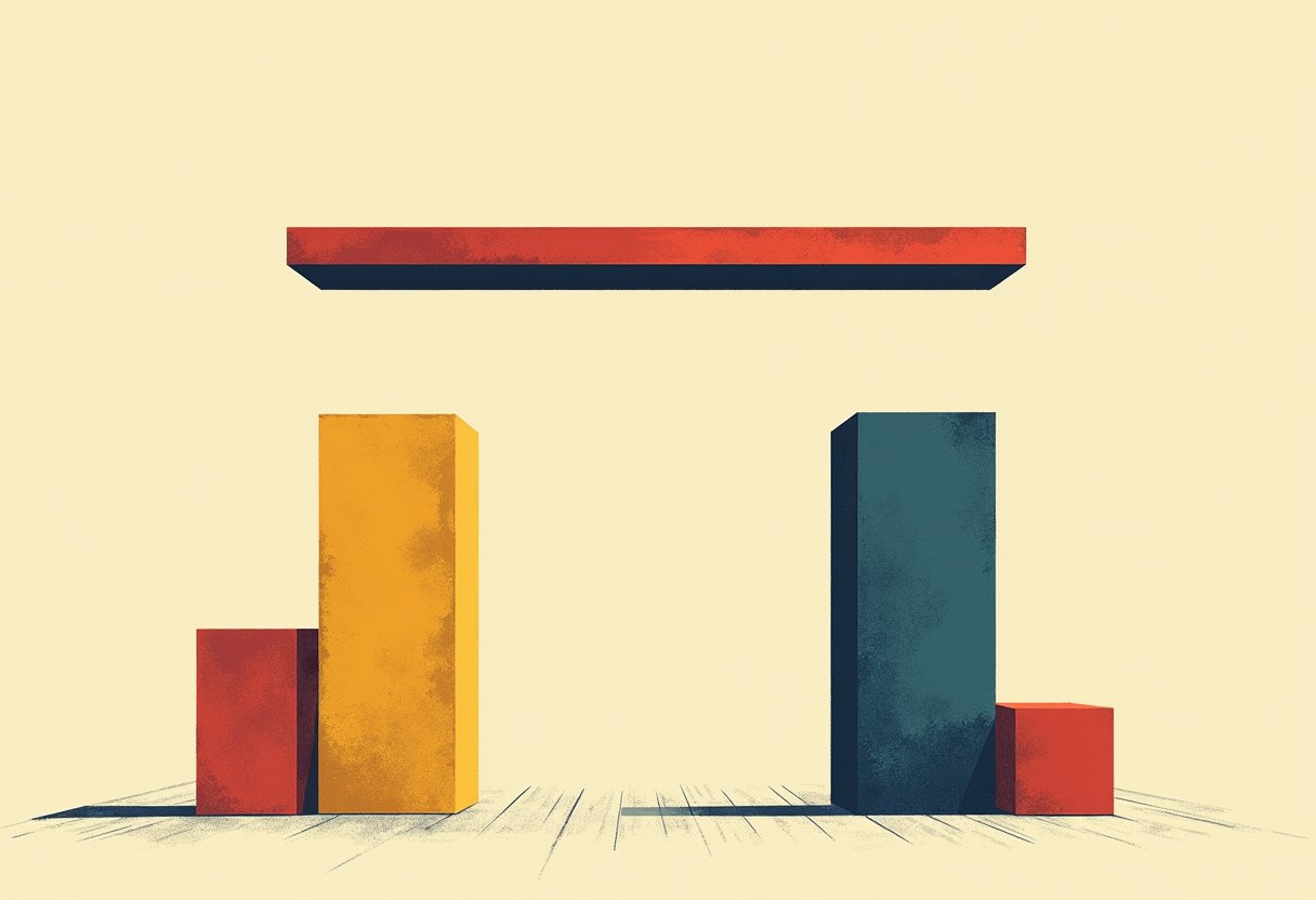 Abstract risograph poster: two tall columns, one yellow and one teal, on a bare floor beneath a single bold red horizontal bar that floats above both with a clear gap — neither column tall enough to reach the line it needed to meet.
