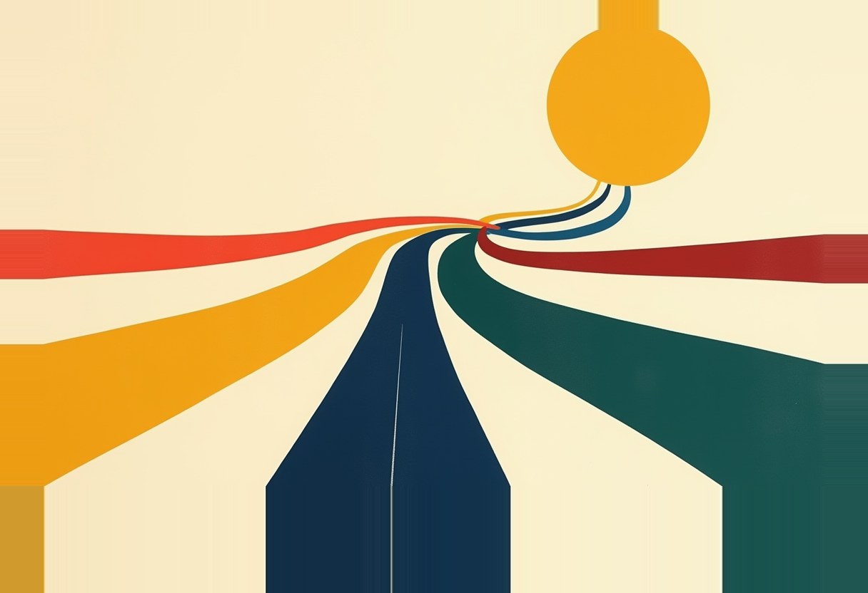 Flat illustration of red, orange, dark blue, and dark green road-like bands converging and curving toward a large orange circle on a cream background.