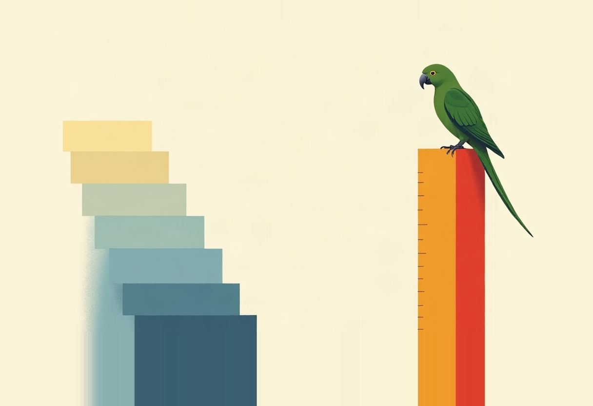 A green parrot with a long tail perches atop a tall orange-and-red ruler bar beside a descending staircase of blue and yellow bars on a cream background.