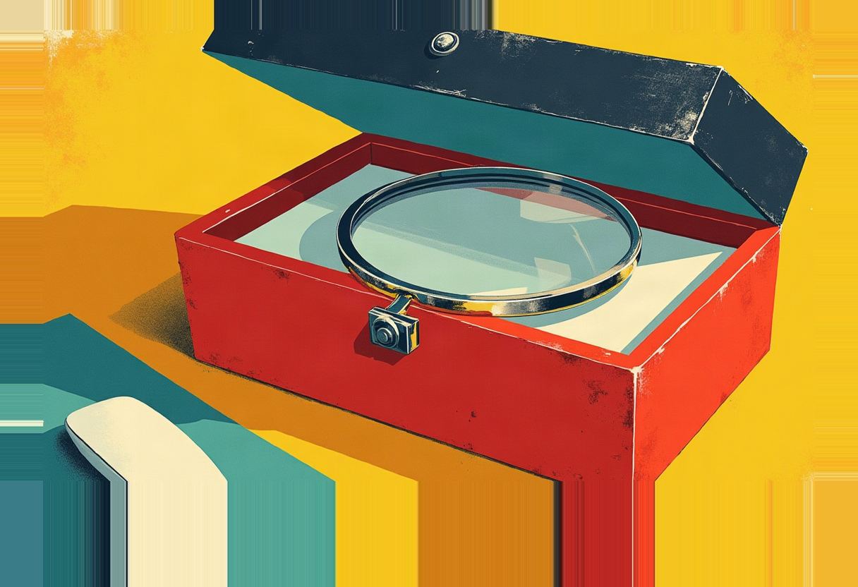 An open red box with a dark teal lid reveals a large round magnifying glass lying inside, set against a yellow background with teal geometric shapes.