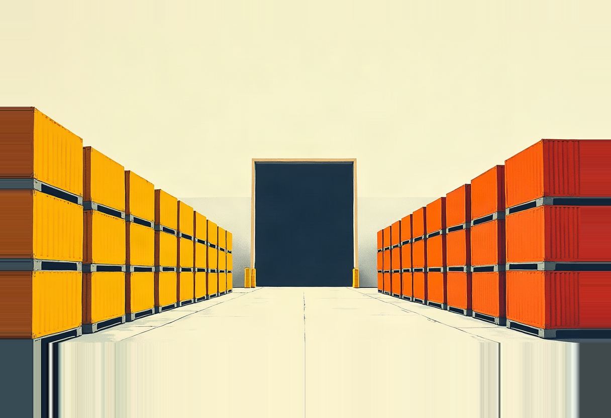 Stacked yellow shipping containers line the left side and orange-red ones the right, framing a dark doorway at the end of a pale concrete aisle.