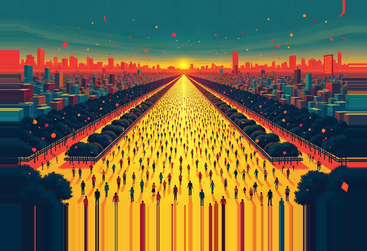 Crowd of small figures walking down a wide boulevard toward a glowing sun on the horizon, flanked by trees and a red-and-teal city skyline, with confetti falling.