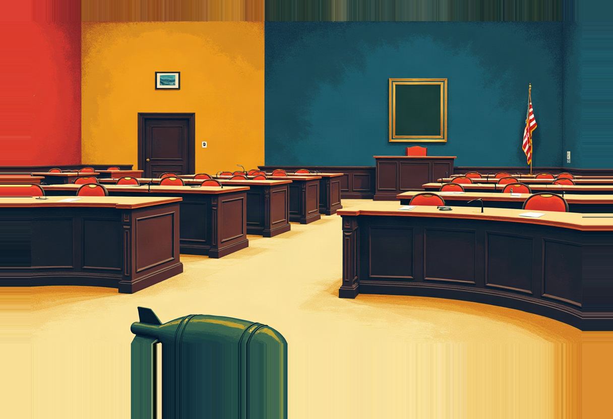 An empty committee hearing room with curved wooden desks, red chairs, an American flag, a blank picture frame, and a wall painted in red, yellow, and teal blocks; a dark green fighter jet nose intrudes from the bottom foreground.