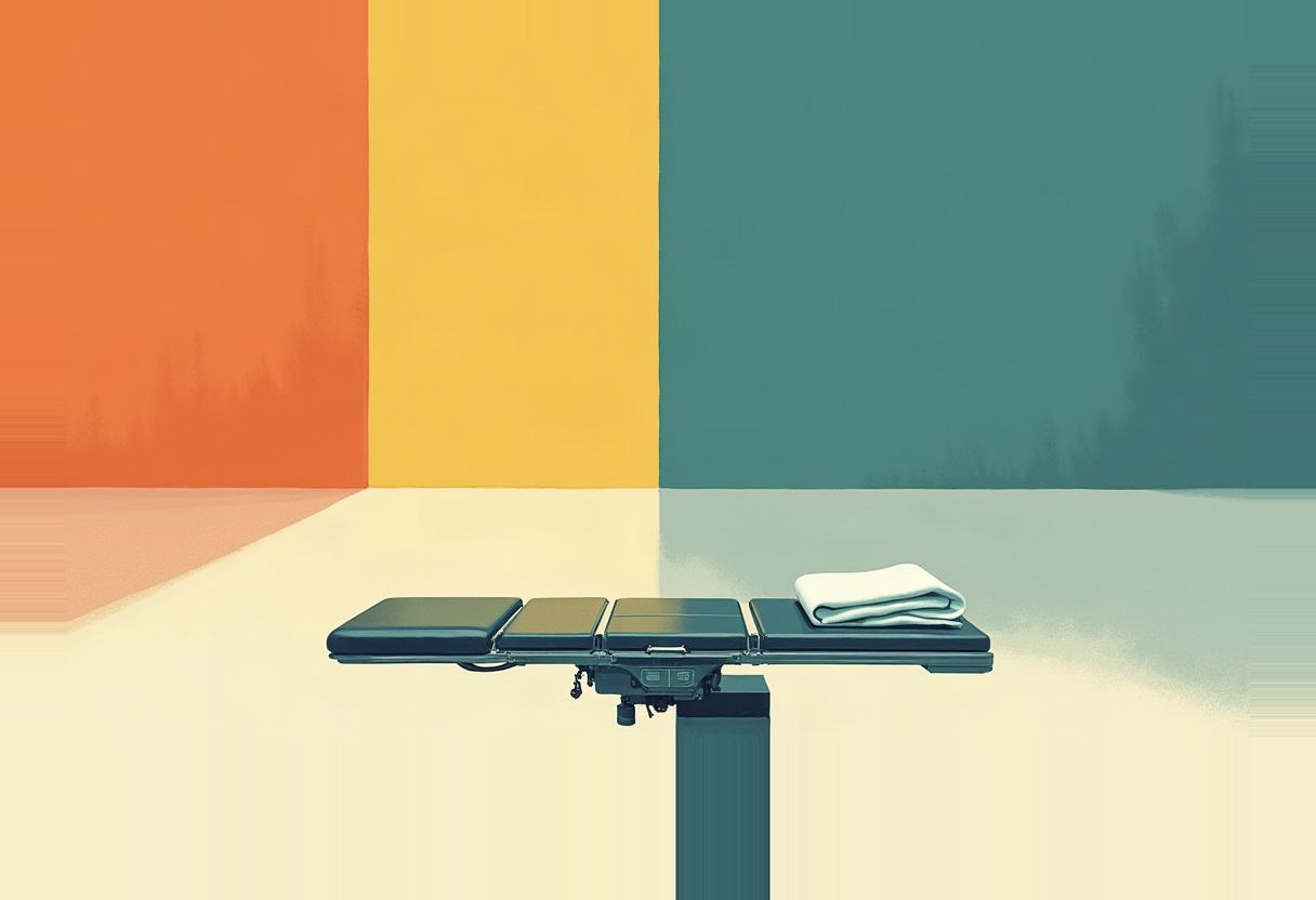An empty segmented operating table with a folded white cloth at one end, set against a wall painted in orange, yellow, and teal vertical panels.