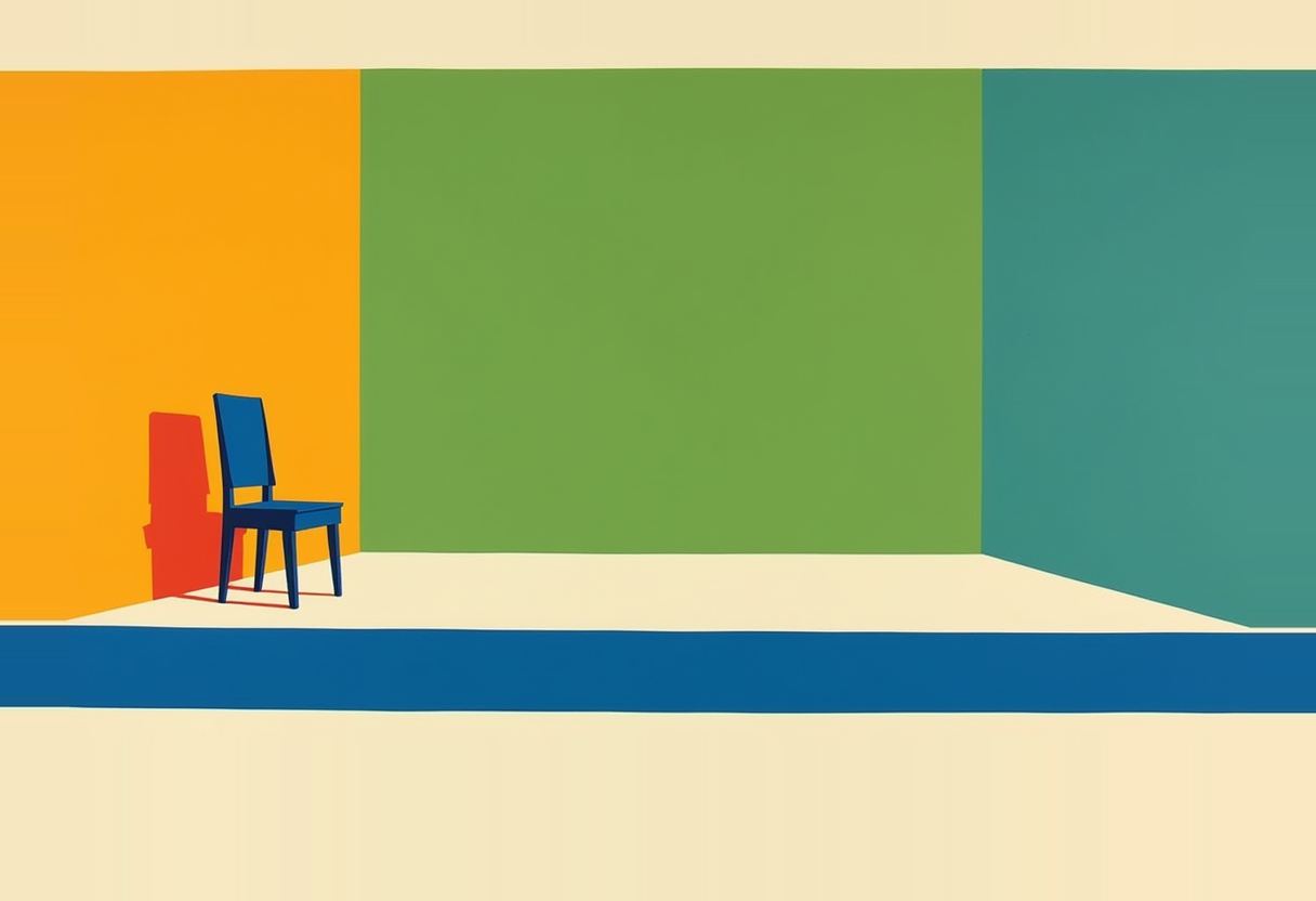 A single blue chair with a red shadow sits against an orange wall beside large flat green and teal wall panels and a blue floor stripe.