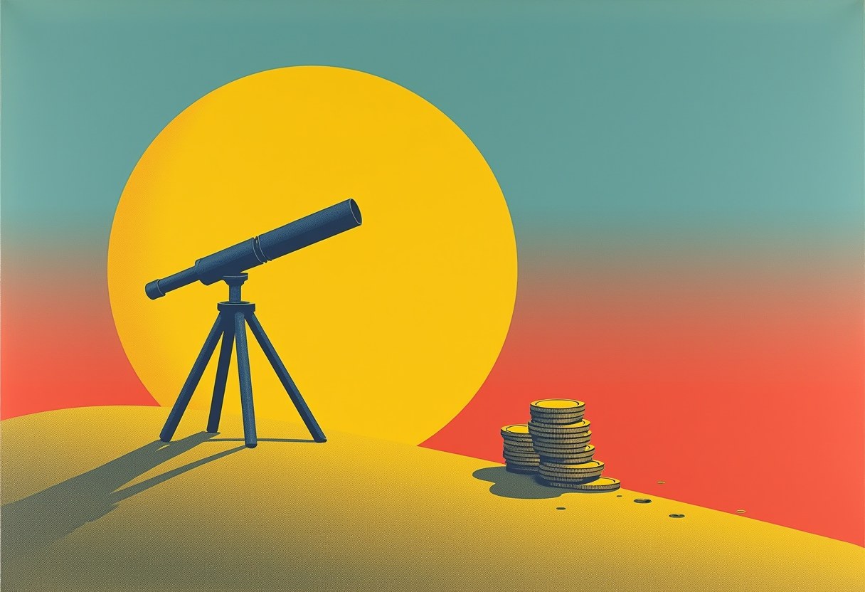 A dark blue telescope on a tripod stands on a yellow hill beside stacked coins, silhouetted against a large yellow circle and teal-to-red gradient sky.