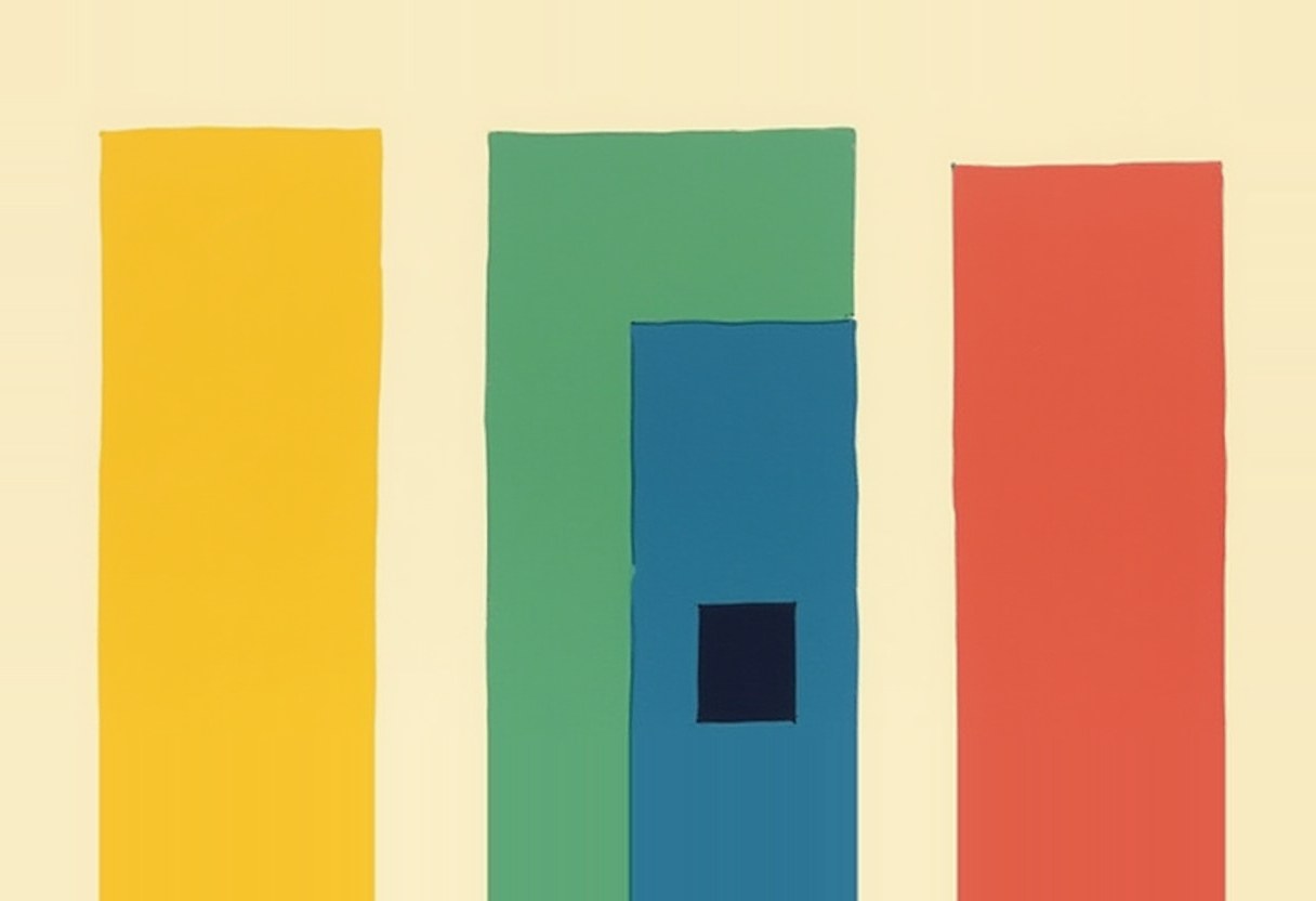 Three tall vertical bars in yellow, green, and red on a cream background, with a smaller blue bar and dark square overlapping the green one.