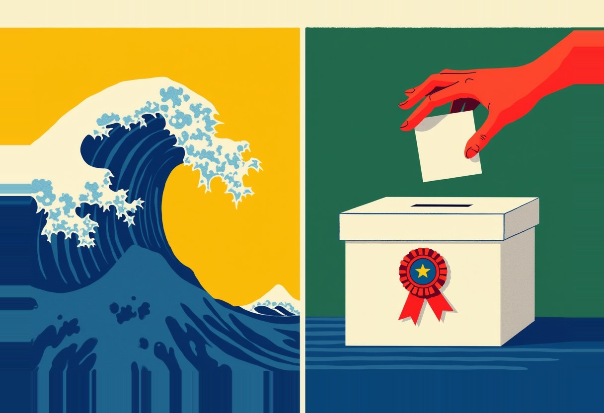 Split image: a dark blue cresting wave against a yellow sky on the left, a red hand dropping a ballot into a cream box with a red-and-blue star rosette on the right.