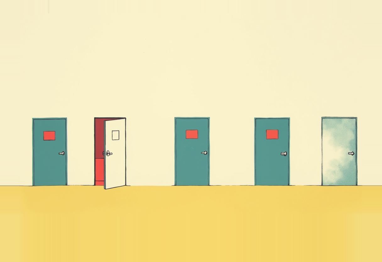 Five closed doors in a row, four teal with a red panel and one pale, except the second door which is white, open, and reveals red space behind it.
