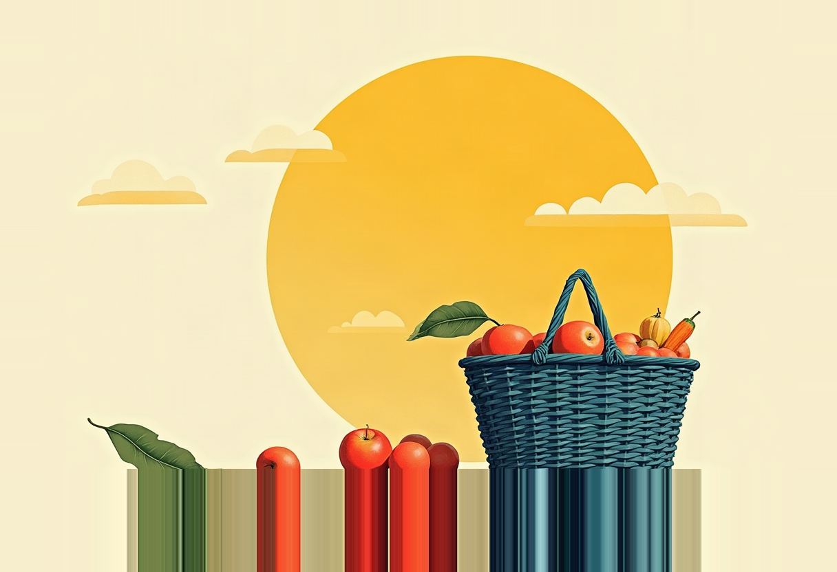 A woven blue basket of apples, a carrot, and a squash sits on a striped surface beside loose apples and leaves, in front of a large yellow sun and pale clouds.