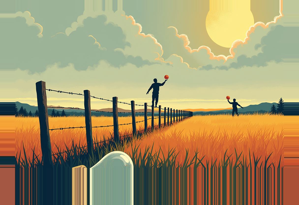 A silhouetted figure balances on a barbed-wire fence post tossing an orange ball to another figure standing in a golden field under a large sun.