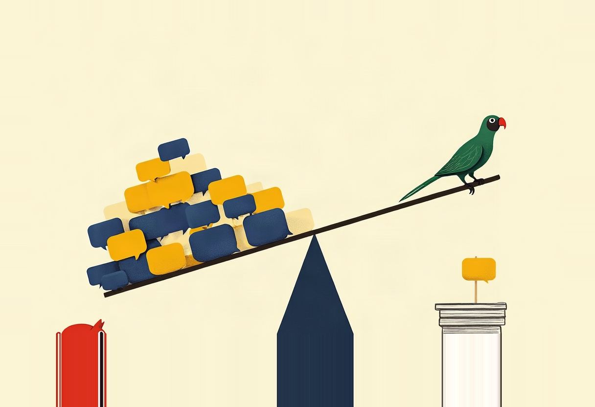 A green parrot balances on one end of a seesaw against a pile of blue and yellow speech bubbles on the other, with a small single yellow speech bubble on a pillar nearby.