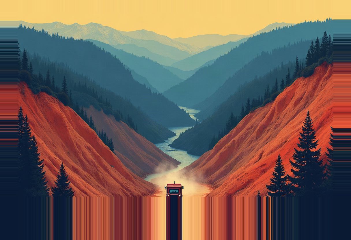 Stylized illustration of a truck on a road through a river valley flanked by red-orange cliffs, with hazy blue-green forested mountains receding under a pale yellow sky.