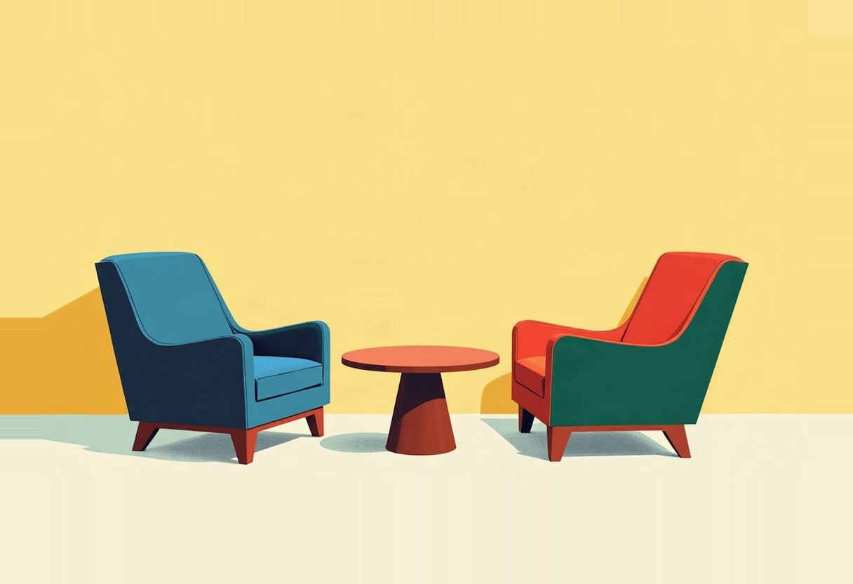 A blue armchair and a red-and-green armchair face each other across a small round red table, against a flat yellow wall.