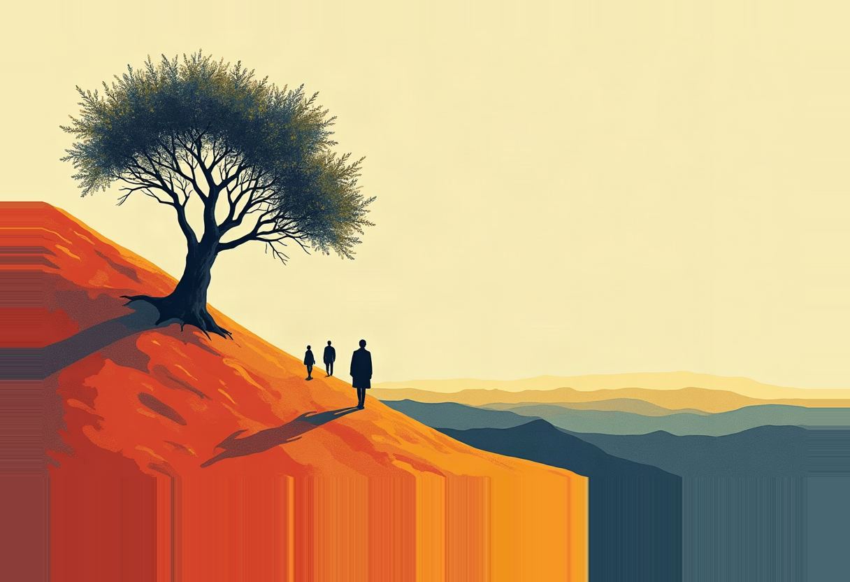 Three dark silhouetted figures walk down an orange hillside past a lone tree, with layered blue-gray mountain ridges and a pale yellow sky behind them.