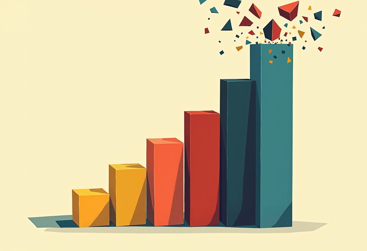 Six ascending 3D bar-chart columns in yellow, orange, red, dark teal and teal, the tallest shattering into scattered geometric shards at top, on a cream background.