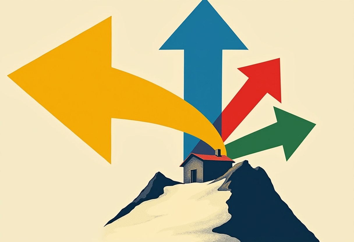 A small house with a red roof sits atop a dark mountain peak, with yellow, blue, red, and green arrows shooting outward from its chimney in different directions.