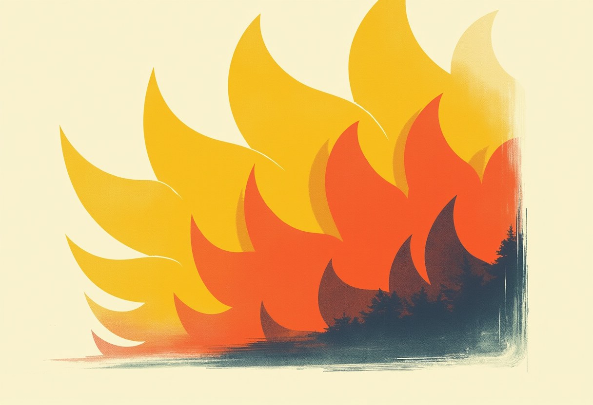 Stylized flame shapes in yellow, orange, and dark red rise behind a silhouetted row of pine trees, set against a pale cream background.
