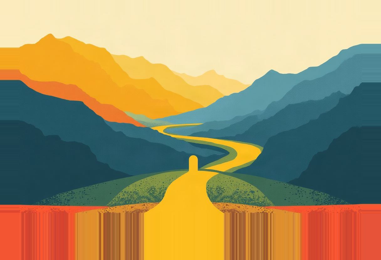 A yellow road forks into a Y at a headless silhouetted figure, then continues as a winding river through a valley between dark blue mountains on the right and orange-yellow mountains on the left, with green hills and a red foreground.