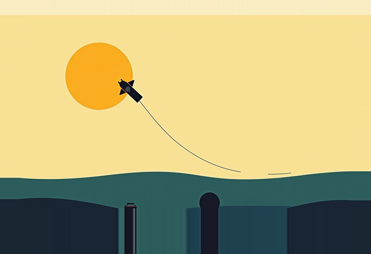 A dark rocket-like shape with fins trails a thin curved line across a large orange sun against a pale yellow sky, above teal water and dark rooftop silhouettes.