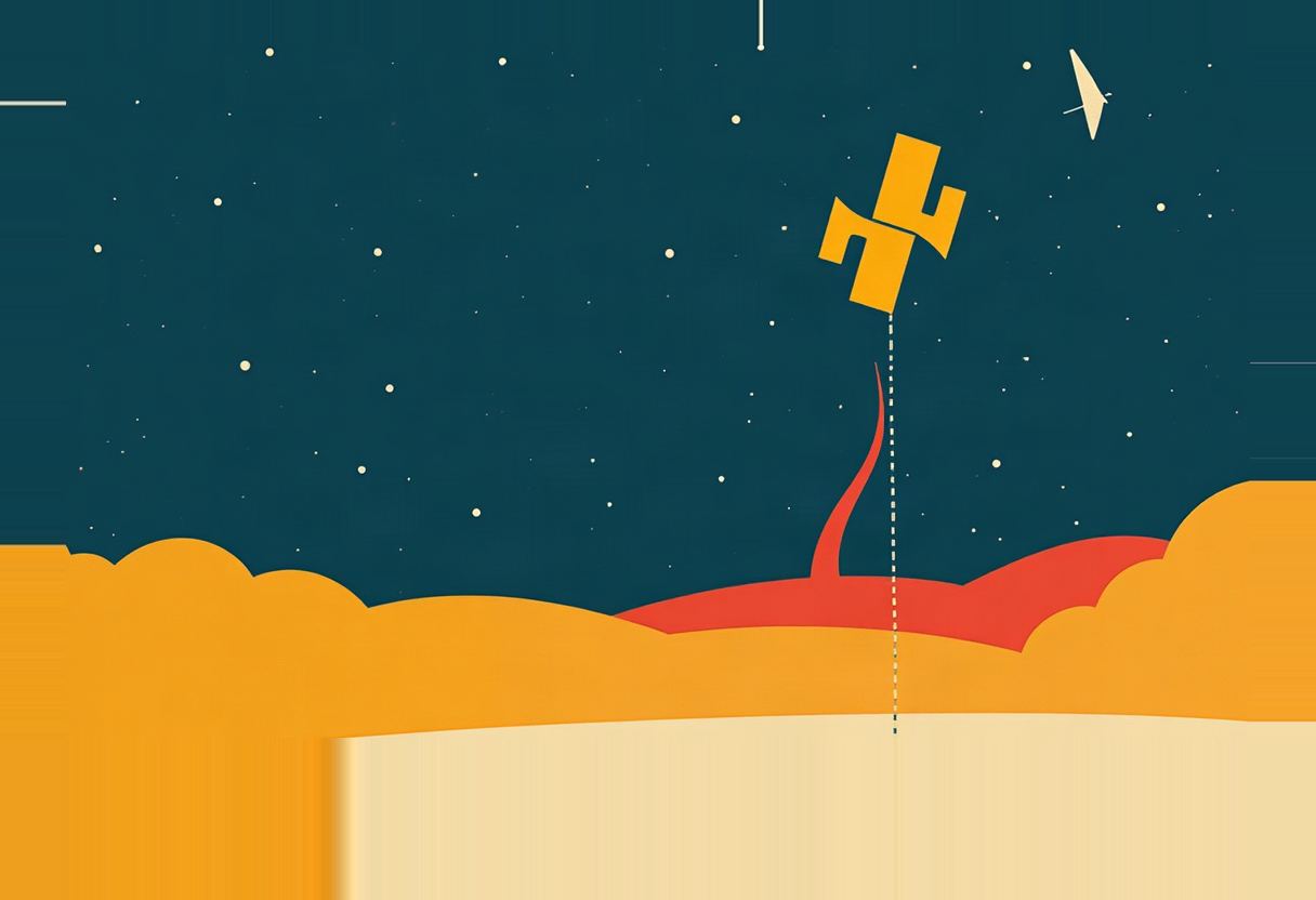A yellow satellite with solar panels hangs in a starry teal sky above layered orange and red hills, connected by a dashed line down to a cream ground, with a paper-plane-like craft nearby.
