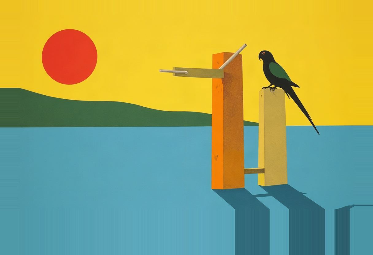 A black and green bird with a long tail perches on a pale pillar beside a taller orange pillar with a crossbar, set against a flat yellow sky, red sun, green hills, and blue water.