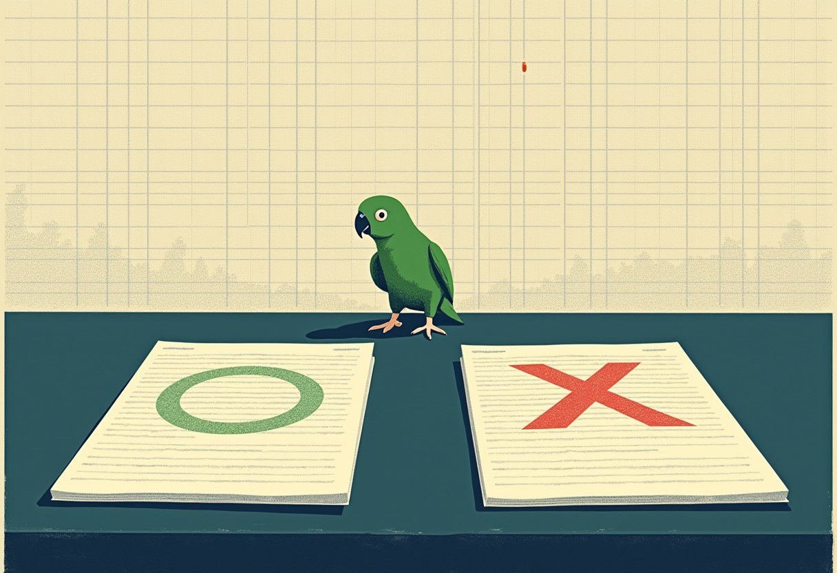 Two identical documents lie side by side on a desk: the left stamped with a green circle, the right with a red X. A small green parrot stands between them. Behind, a faint grid of empty ruled rows with one row left conspicuously blank.