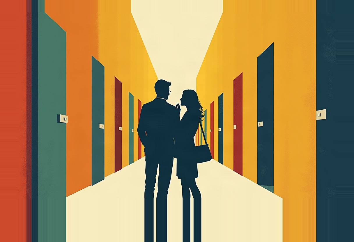 Two dark silhouetted figures face each other in a long corridor lined with colored doors in orange, teal, red, and yellow, under bright overhead light.