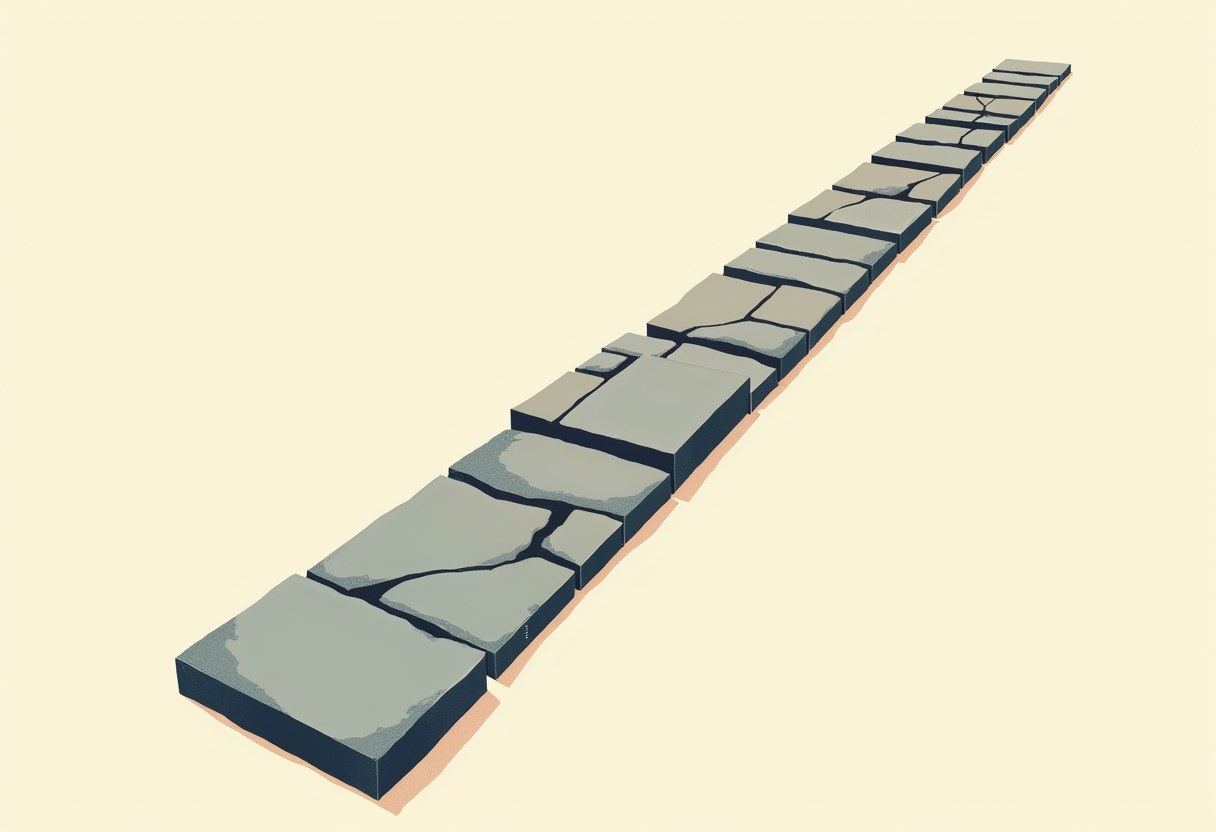 Editorial illustration of a long row of twenty-five identical flat grey flagstones, each a slightly different muted grey and each rotated a few degrees off from its neighbour so the row wobbles, on a plain off-white ground
