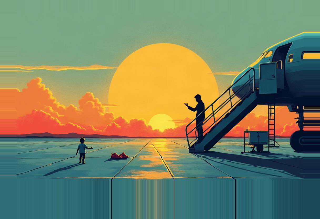 A small child walks across an airport tarmac past a pair of red shoes toward a man gesturing from airplane stairs, silhouetted against a large orange sunset.