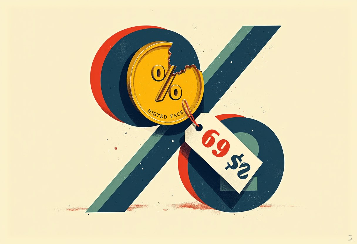 Editorial illustration of a coin-like percent sign with a quarter shaved off beside a price tag showing two numbers