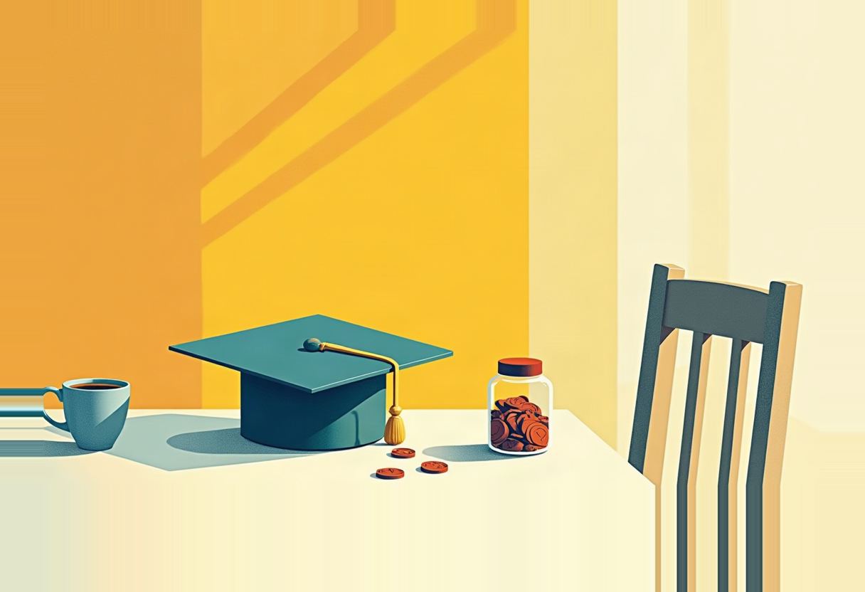 A teal graduation cap sits on a pale tabletop beside a coffee mug, a glass jar of coins with a red lid, and loose coins, with an empty chair nearby and a yellow-orange wall behind.