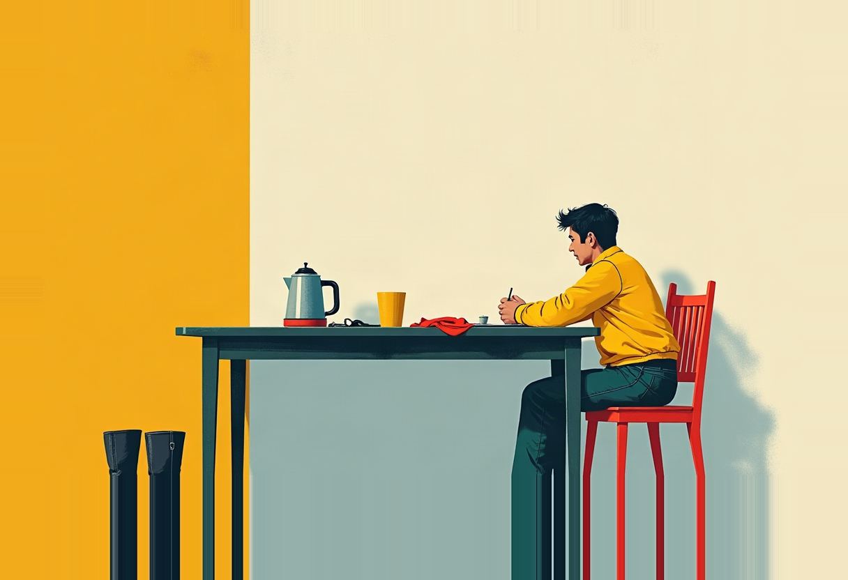A man in a yellow sweater sits on a red chair at a teal table, writing with a pen beside a kettle and yellow mug, against a yellow and cream wall.