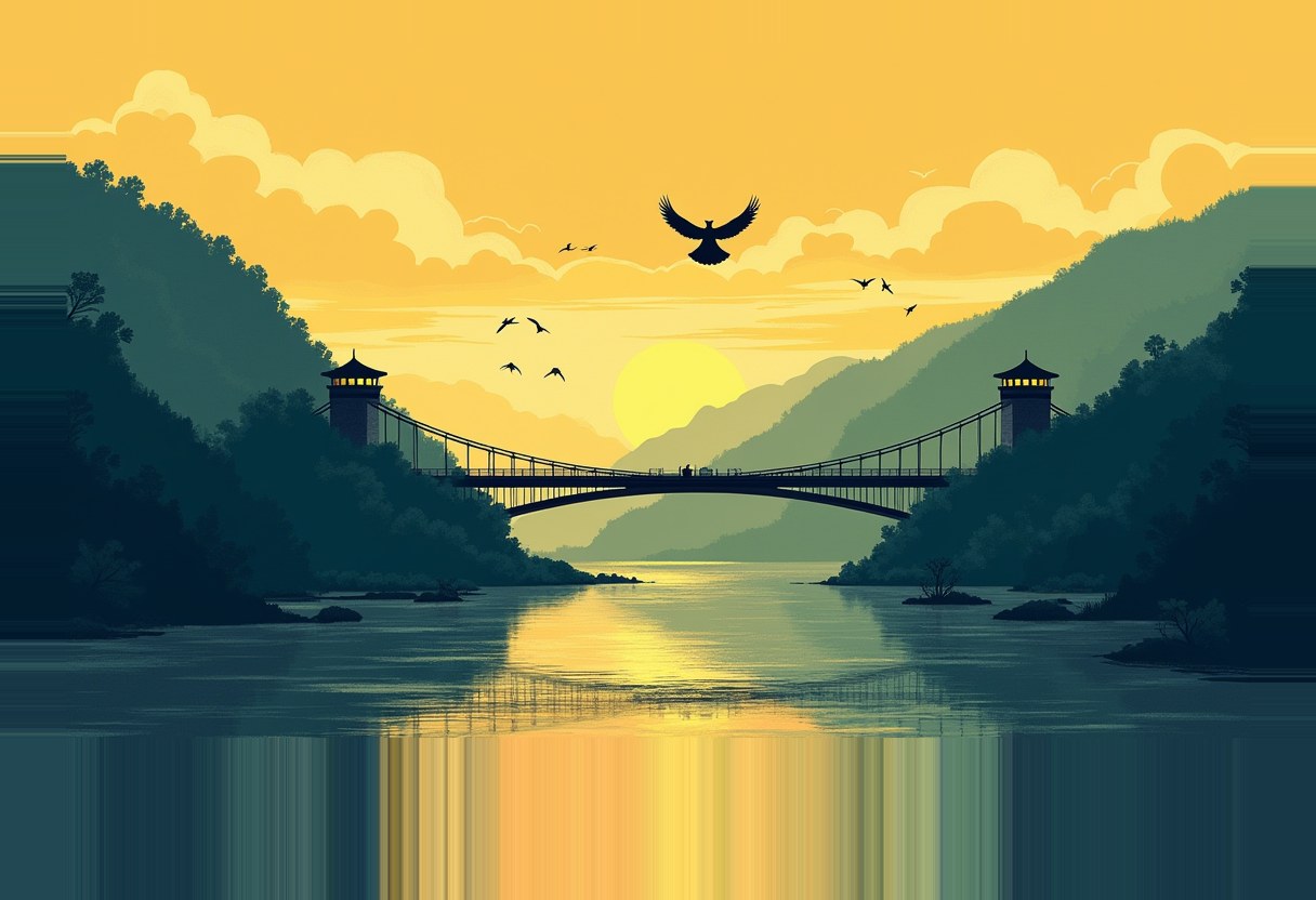 A silhouetted suspension bridge with two towers spans a river between forested hills at sunset, birds flying under a yellow sky, reflections in the water below.