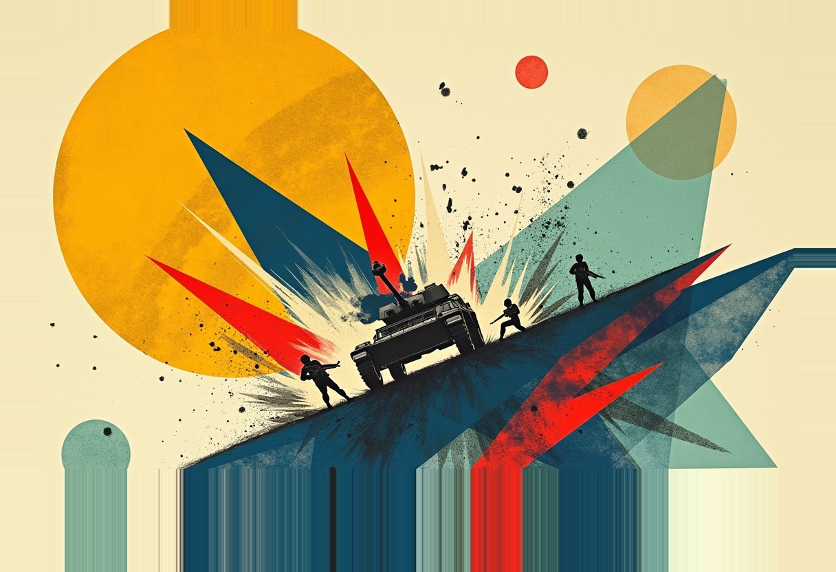 A silhouetted tank and three armed soldiers on a dark diagonal ridge, set against geometric shapes, a large orange circle, a small red dot, and black ink splatters on cream.