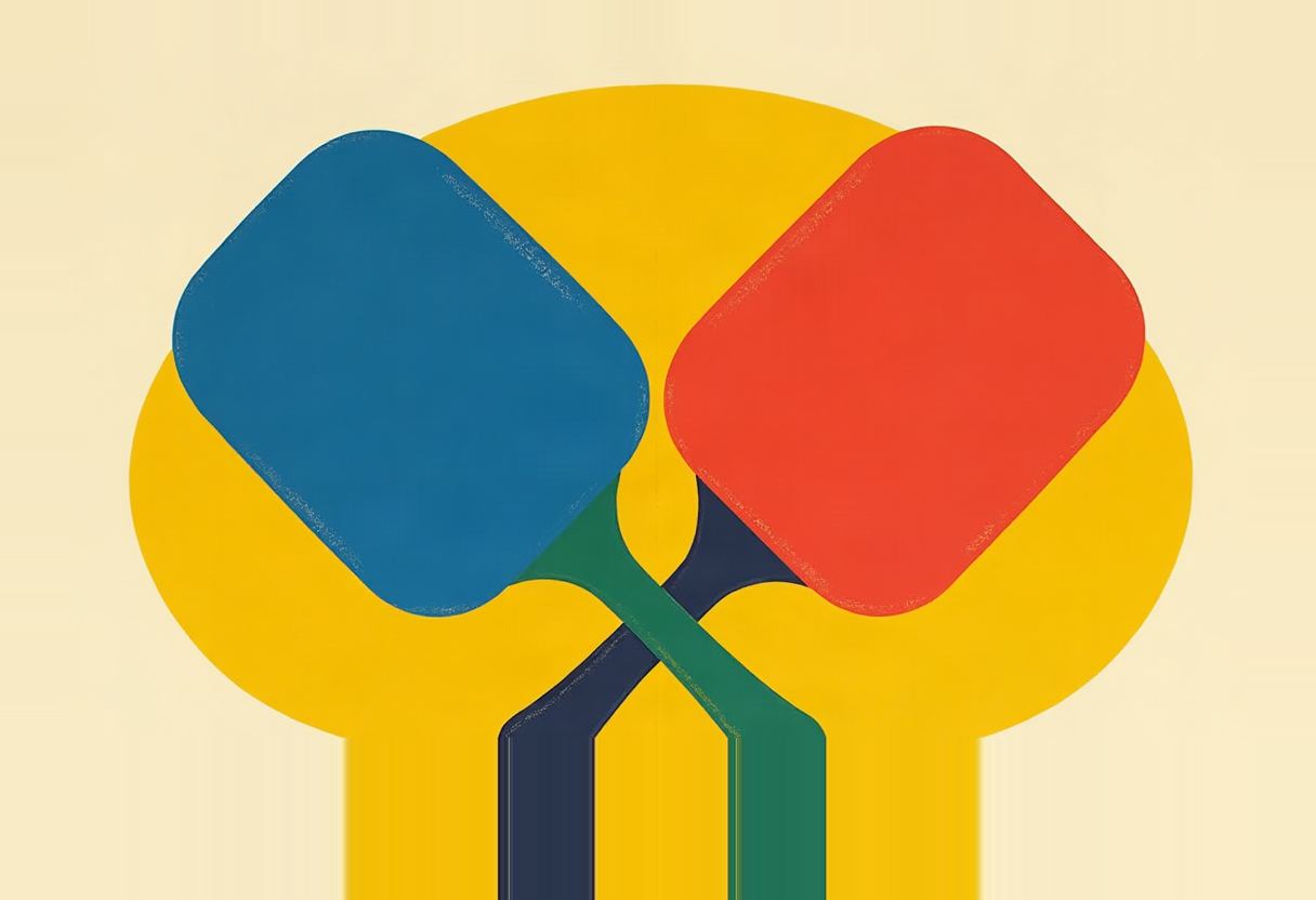 A blue paddle with a dark navy handle and a red paddle with a green handle cross at the handles against a yellow arch on cream background.